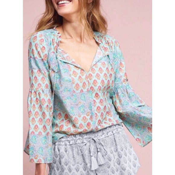 Anthro Lilka Sweetest Dream Tie Neck Printed Top - Picture 1 of 9